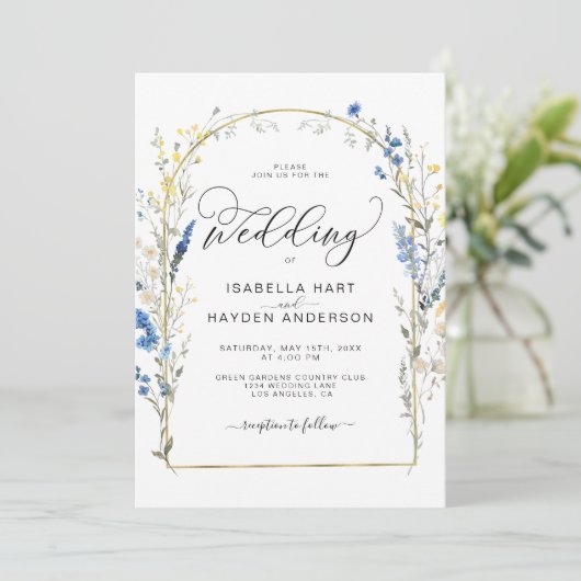Blauw Dusty Wild Flower Floral Gold Foil Wedding Kaart (Staand voorkant)