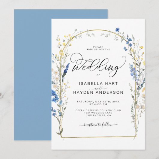 Blauw Dusty Wild Flower Floral Gold Foil Wedding Kaart (Voorkant / Achterkant)