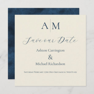 Blauw Ecru Monogram Moderne Bruiloft Save The Date