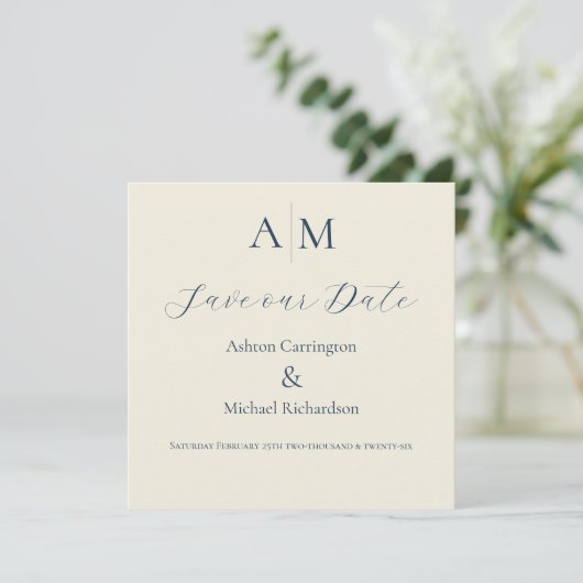 Blauw Ecru Monogram Moderne Trouw  Save The Date (Staand voorkant)