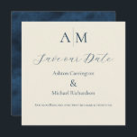 Blauw Ecru Monogram Moderne Trouw  Save The Date<br><div class="desc">Mooie bruid- en bruidegommonogrammen bovenaan deze prachtige 'Save the Date'-trouwkaart.  Ecru achtergrond met diepblauwe lettertype om te coördineren met de versleten blauwe achterkant van deze elegante uitnodiging.  Absoluut verbluffend.</div>
