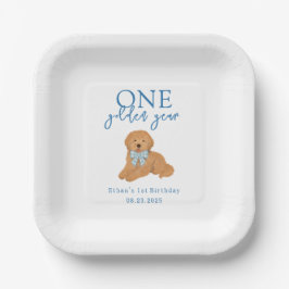 Blauw Een Gouden Jaar Doodle Puppy Verjaardag Papieren Bordje