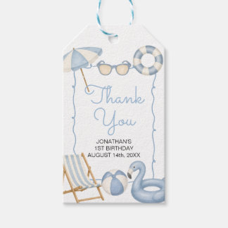 Blauw Eén in de Zon 1e Verjaardag Zomer Zwembad Fe Cadeaulabel