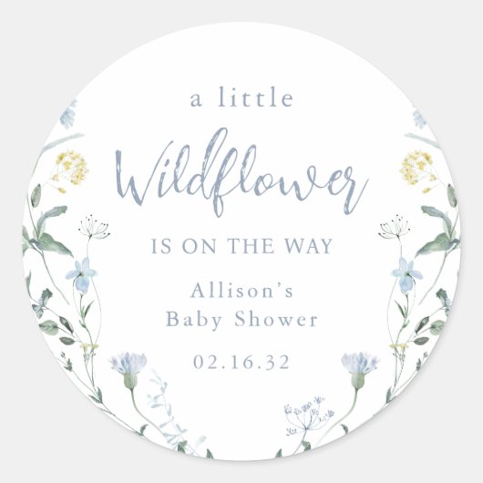 Blauw Een Kleine Wilde Bloem Rustieke Boho Baby Sh Ronde Sticker (Voorkant)