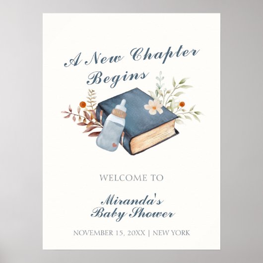 Blauw Een nieuw Chapter Book Bottle Baby shower We Poster (Voorkant)