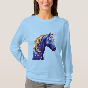 Blauw Eenhoorn Hoofd Portret in Sterrennacht Ruimt T-shirt