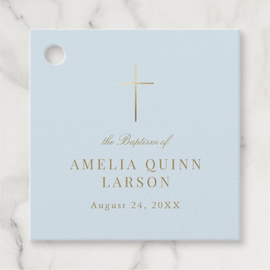 Blauw Eenvoudig Elegant Goud Kruis Doopsel Bedankjes Labels (Voorkant)