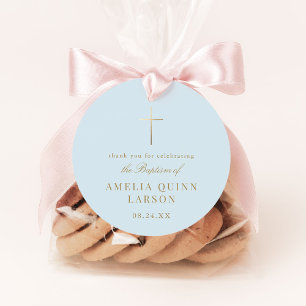 Blauw Eenvoudig Elegant Goud Kruis Doopsel Bedankjes Labels