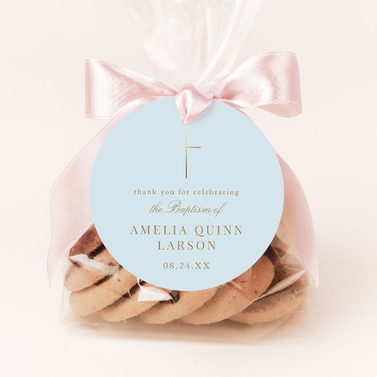 Blauw Eenvoudig Elegant Goud Kruis Doopsel Bedankjes Labels