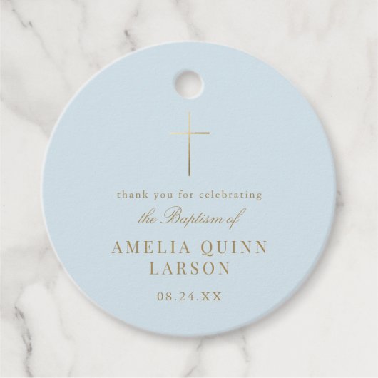 Blauw Eenvoudig Elegant Goud Kruis Doopsel Bedankjes Labels (Voorkant)