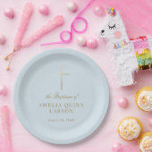 Blauw Eenvoudig Elegant Goud Kruis Doopsel Papieren Bordje (Feest)