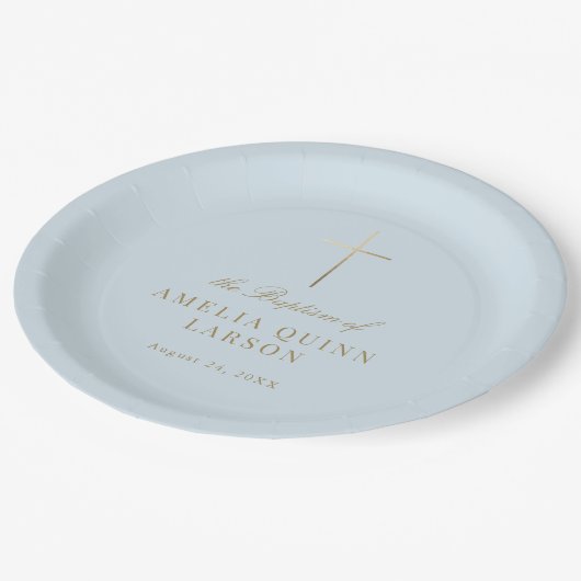 Blauw Eenvoudig Elegant Goud Kruis Doopsel Papieren Bordje (Gekanteld)