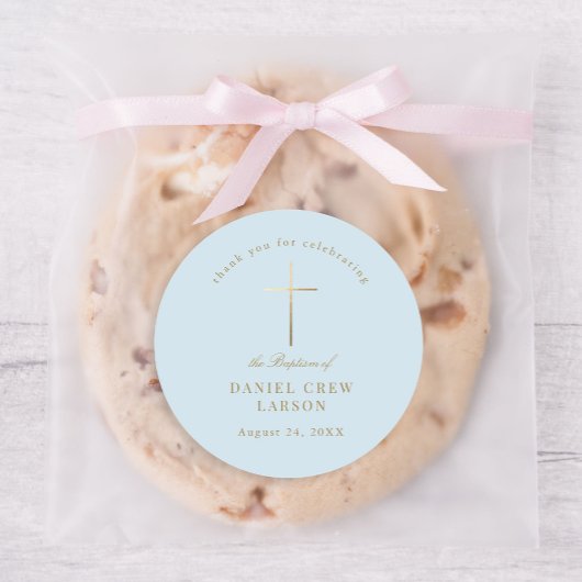 Blauw Eenvoudig Elegant Goud Kruis Doopsel Ronde Sticker