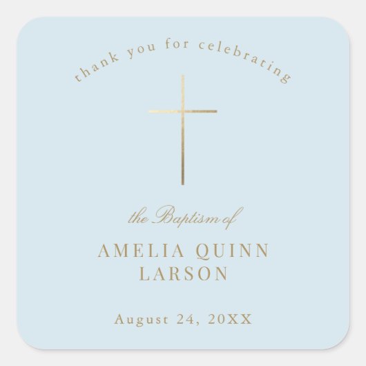 Blauw Eenvoudig Elegant Goud Kruis Doopsel Vierkante Sticker (Voorkant)