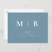 Blauw eenvoudig hedendaags Monogram sparen de Datu Briefkaart (Voorkant / Achterkant)