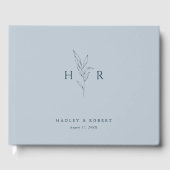 Blauw Eenvoudig Minimaal Monogram Botanische Huwel Gastenboek (Voorkant)