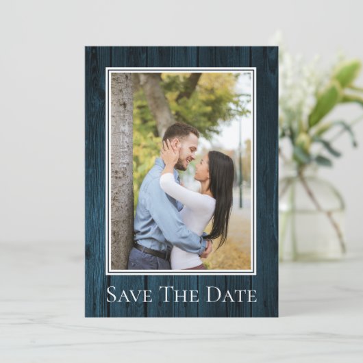 Blauw Eenvoudig Rustiek Foto Bewaar De Datum Save The Date (Staand voorkant)
