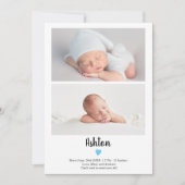 Blauw eenvoudig script hart 2 foto's jongen baby g aankondiging (Voorkant)