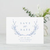 Blauw eenvoudige elegant botanisch wapen monogram save the date (Staand voorkant)