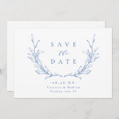 Blauw eenvoudige elegant botanisch wapen monogram save the date (Voorkant / Achterkant)