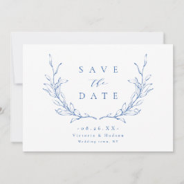 Blauw eenvoudige elegant botanisch wapen monogram save the date