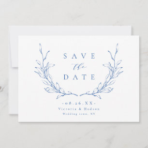 Blauw eenvoudige elegant botanisch wapen monogram save the date