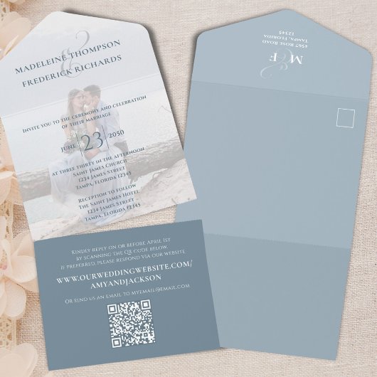 Blauw Eenvoudige Foto Sjabloon Wedding QR Code