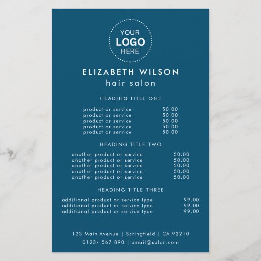 Blauw Eenvoudige Salon Service Menu Flyer (Voorkant)