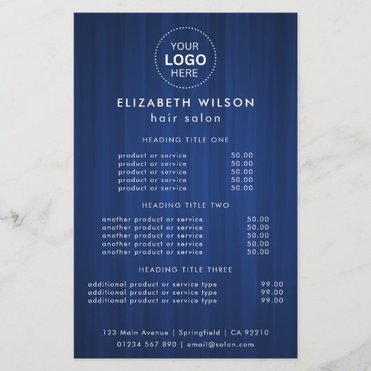 Blauw Eenvoudige Salon Service Menu Flyer (Voorkant)