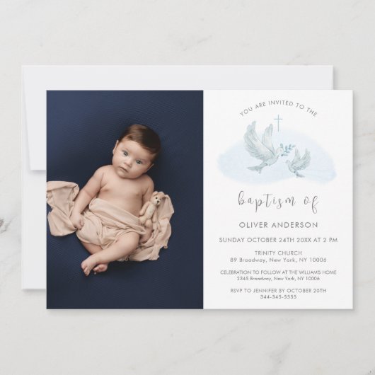 Blauw Eenvoudige Waterverf Vogelfoto Kruisdoop Kaart (Voorkant)