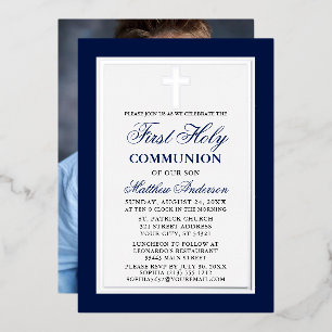Blauw Eerste Heilige Communie Foto Kruis Zilver Folie Uitnodiging