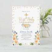 Blauw Eerste Heilige Communie Gouden Bloemen Uitno Kaart (Staand voorkant)