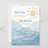 Blauw eerste reis rond zon 1e verjaardag uitnodigi kaart (Voorkant)