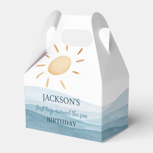 Blauw eerste reis rond zon gunstbox verjaardag bedankdoosjes (Voorkant Zijde)