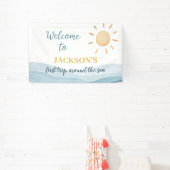 Blauw eerste reis rond zon verjaardag spandoek (Insitu)