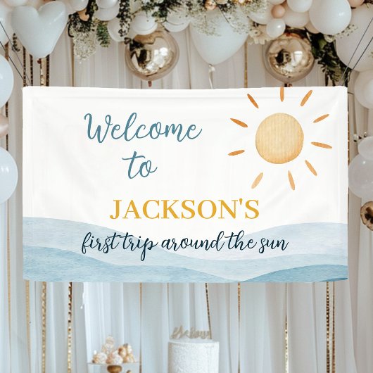 Blauw eerste reis rond zon verjaardag spandoek