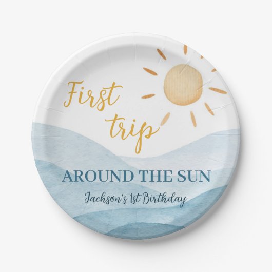 Blauw Eerste Reis Rond Zon Verjaardagspapier Borde Papieren Bordje (Voorkant)