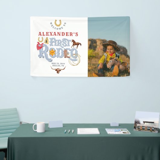 Blauw Eerste Rodeo Baby Boy 1e Verjaardag Welkom Spandoek (Beurs)