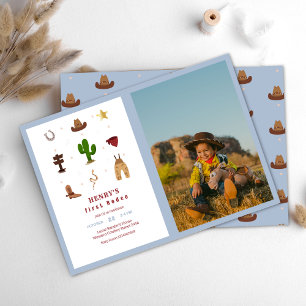 Blauw Eerste Rodeo Cowboy Kinderen Verjaardag Foto Kaart