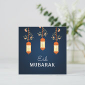 Blauw Eid Mubarak Bloemenlantaarn Islamitisch Feestdagenkaart (Staand voorkant)