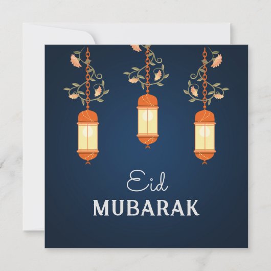 Blauw Eid Mubarak Bloemenlantaarn Islamitisch Feestdagenkaart (Voorkant)