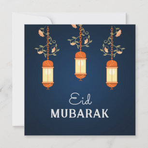 Blauw Eid Mubarak Bloemenlantaarn Islamitisch Feestdagenkaart