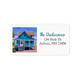 Blauw eigenzinnig strandhuis etiket