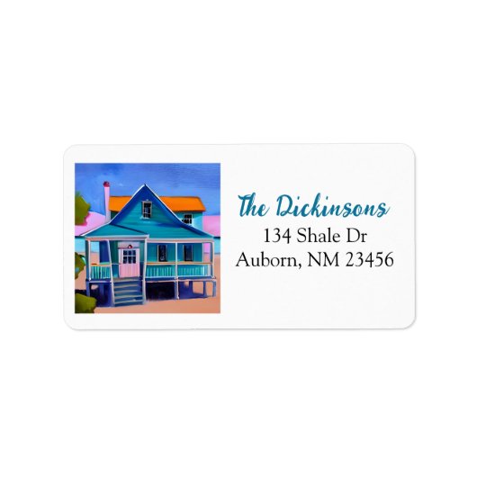 Blauw eigenzinnig strandhuis etiket (Voorkant)