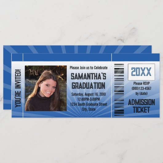 Blauw eindexamenfeesticket kaart (Voorkant / Achterkant)