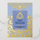 Blauw Elegant Artdeco Diamond Monogram Bruiloftsgo Folie Uitnodiging (Voorkant)