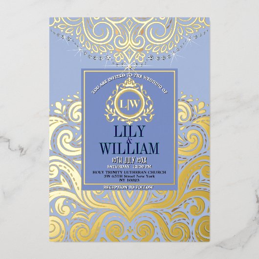 Blauw Elegant Artdeco Diamond Monogram Bruiloftsgo Folie Uitnodiging (Voorkant)