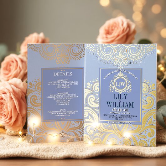 Blauw Elegant Artdeco Diamond Monogram Bruiloftsgo Folie Uitnodiging