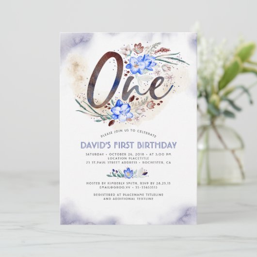 Blauw Elegant | Baby jongen | 1e verjaardag Kaart (Staand voorkant)