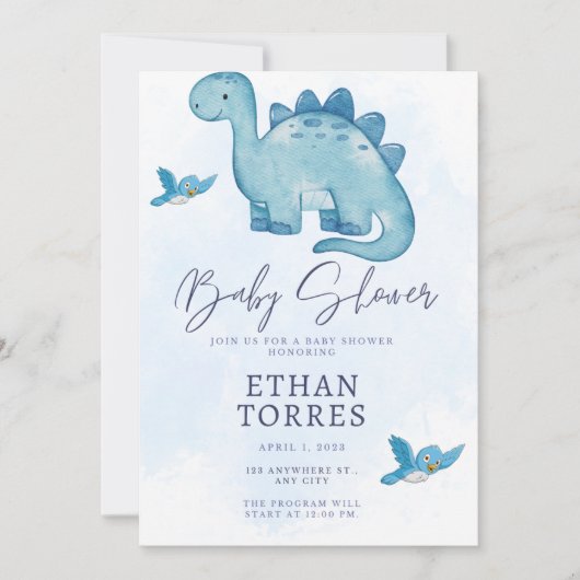 Blauw Elegant baby shower Uitnodiging Leuke Dinosa (Voorkant)
